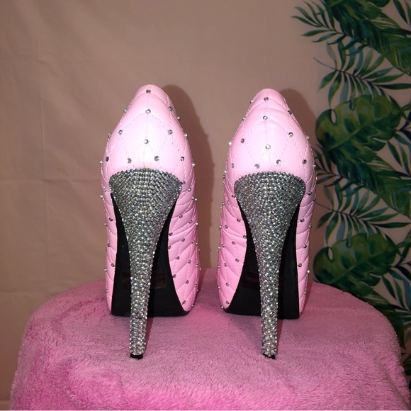 Hand Painted & Hand Studded Pink Quilted Rhinestone Heels - Picture 5 of 8